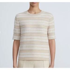 Lafayette 148 Cashmere Jacquard Fringed Short Sleeve Voile Stripe Sweater Top XS